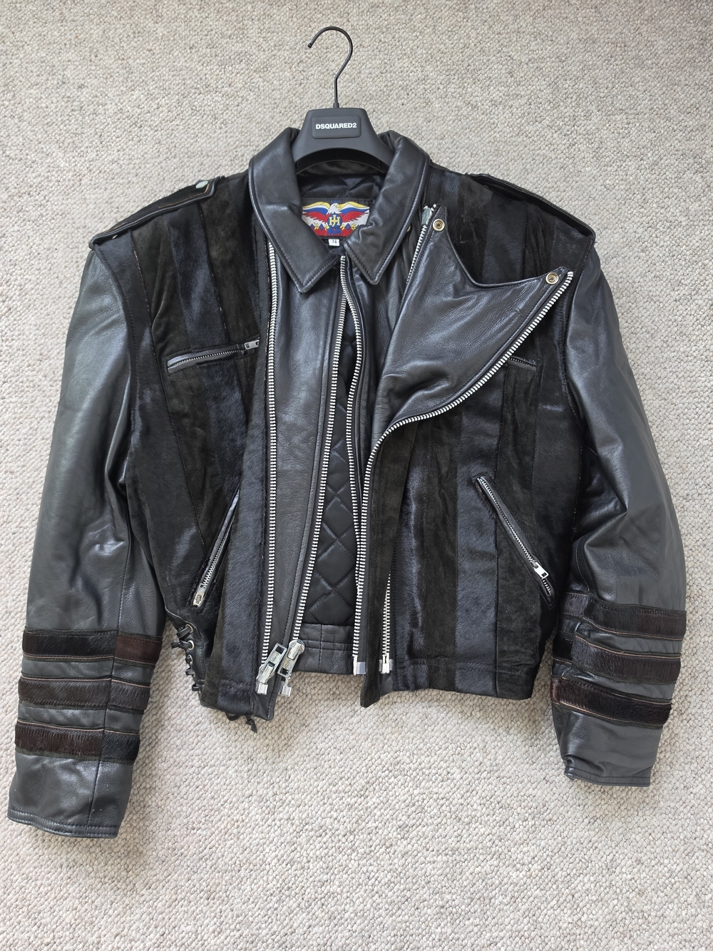 Vintage 1990s Black Leather Motorcycle Jacket with Hair-On Hide Panels – Size M